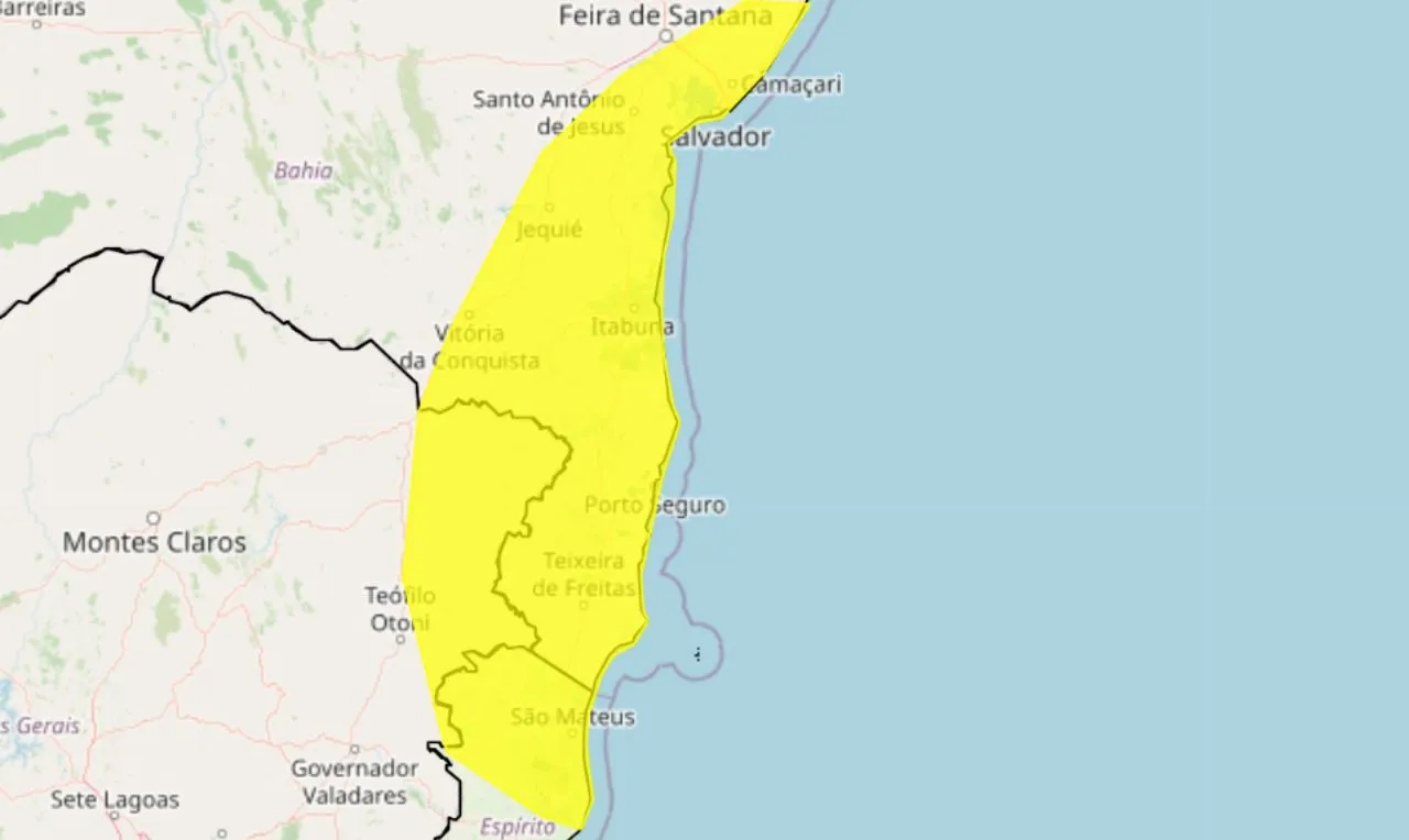 o mapa mostra as áreas em alerta para chuva intensa